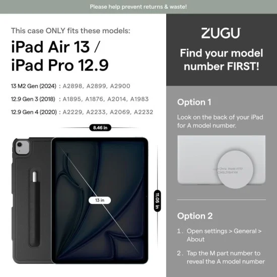 Zogo Protective Case for iPad Air 13-inch and iPad Pro 12.9-inch (3rd/4th Generation 2018–2020, 1st/2nd Generation) – Black